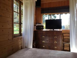 a bedroom with a television and a dresser with a dresser with a bed at Ma Cabane à Sarlat in Sarlat-la-Canéda