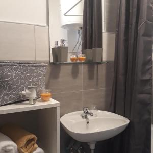 a bathroom with a sink and a shower curtain at Apartmani Pablo in Pag +16 photos