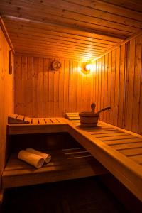 a wooden sauna with a light on the inside at Królowa Śniegu in Karpacz