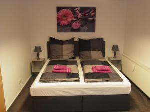 1 dormitorio con 1 cama grande con almohadas rosas en City Wohnung Mozart, en Saarbrücken