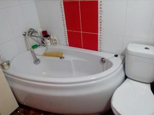 La salle de bains est pourvue de toilettes et d'une baignoire à côté des toilettes. dans l'établissement вулиця Електрометалургів, à Nikopol