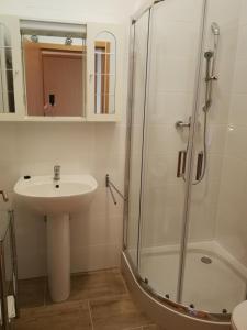 a bathroom with a sink and a shower at Sunshine Beach House in Szántód