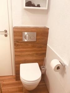 een badkamer met een toilet en een toiletpapierdispenser bij Art Oase - Lenzspitze in Saas-Grund