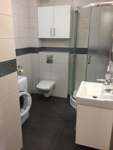 y baño con aseo, lavabo y ducha. en Apartament Malinowy Pogorzelica, en Pogorzelica