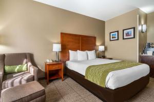 a hotel room with a bed, desk, chair and a lamp at Comfort Inn & Suites Sacramento – University Area in Sacramento