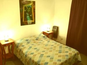 a bedroom with a bed and two night tables with lamps at La Elegida con quincho y cochera in Esquel