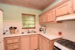 a kitchen with wooden cabinets and a sink at The Sugar Apple Lodging in Harbour Island
