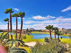 a golf course with palm trees and a pond at Playa San Juan Golf in Alicante