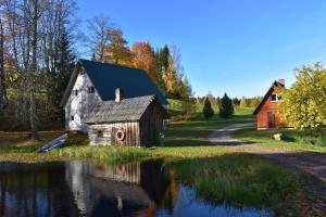 an old house and a barn next to a pond at Jõeniidu Holiday House in Trolla