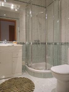 a bathroom with a shower and a toilet and a sink at Cidade da Praia in Figueira da Foz