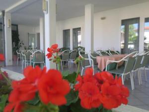 チェゼナーティコにあるHotel La Pariginaの赤い花が咲くテーブルと椅子が備わる部屋