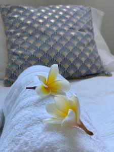 two flowers sitting on top of a bed at Bleu Horizon in Saint-Leu