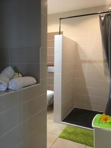 a bathroom with a shower with a toilet and towels at Bleu Horizon in Saint-Leu