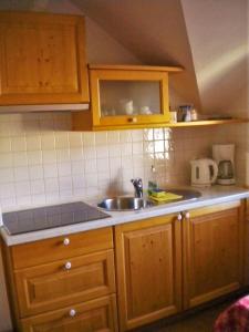 eine Küche mit einer Spüle und einer Arbeitsplatte in der Unterkunft APARTMA PR TAVČARJU in Zgornje Gorje