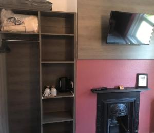 a book shelf with a tv and a fireplace at Masslink Guest House in Horley +26 photos