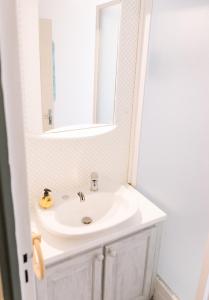 リモージュにあるAppartement cosy entièrement rénovéのバスルーム(白い洗面台、鏡付)