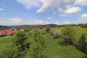 an aerial view of a field with trees and houses at Gorce apartamenty i pokoje in Rabka-Zdrój