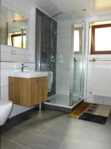 a bathroom with a sink and a shower at Abseits vom Lärm und Verkehr in Litzendorf