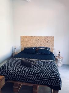 ein Schlafzimmer mit einem großen Bett mit blauer Bettwäsche und blauen Kissen in der Unterkunft Allegria Nîmes in Nîmes