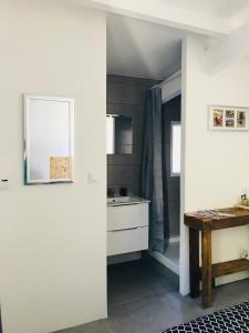 eine Küche mit einem Waschbecken und einem Tisch in einem Zimmer in der Unterkunft Allegria Nîmes in Nîmes