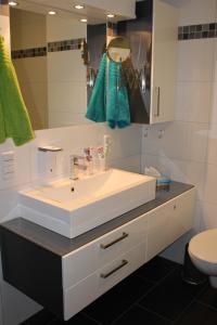 uma casa de banho branca com um lavatório e um espelho em 5*Ferienwohnung Seebrise 1 em Wendisch Rietz