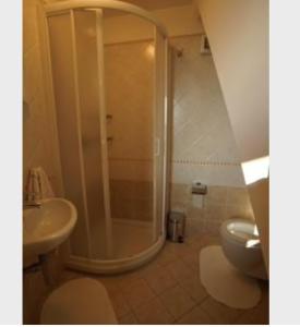 a bathroom with a shower and a sink and a toilet at CASA VISTA LAGO E GIARDINO in Porlezza