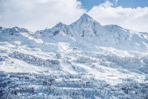uma montanha coberta de neve com uma cidade e árvores em Ski Arcs 1800 Ruitor em Arc 1800