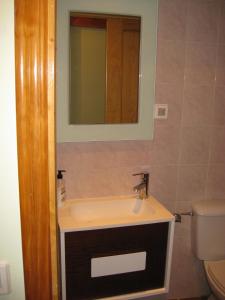 bagno con lavandino, servizi igienici e specchio di Casa Artigot a Gea de Albarracín