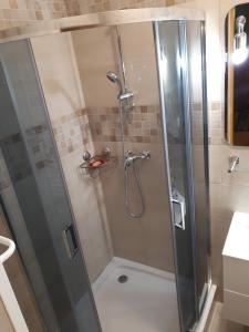 y baño con ducha y puerta de cristal. en Pokoje u Danki, en Gdynia