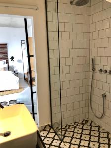 un baño con ducha y lavabo en Casa Figa 39, en Zagreb