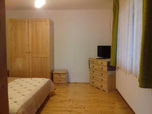 a bedroom with a bed and a dresser and a television at Casa din prund Ocolis in Ocoliş