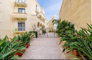 un camino de piedra entre dos edificios con plantas en Apartment With Pool Gozo, en Għajnsielem
