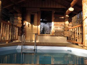 a pool in front of a log cabin at La cabane de Hans in Saint-Martial-de-Gimel
