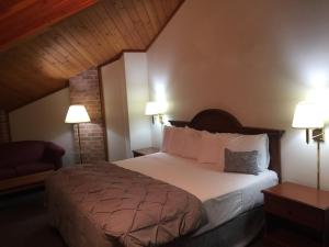 um quarto de hotel com uma cama e duas lâmpadas em Amerihost Inn & Suites Fulton em Fulton