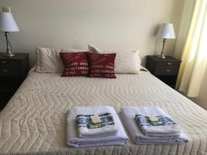 1 cama con 2 toallas y almohadas en Mendoza metros Peatonal, precioso departamento, en km0 en Mendoza
