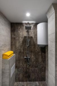 a shower in a bathroom with a concrete wall at Apartment Doyran in Ruse