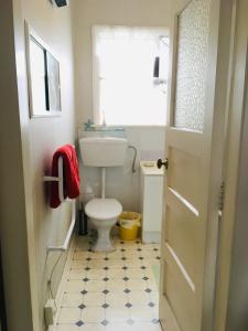 a bathroom with a white toilet and a window at Sunny House in Christchurch