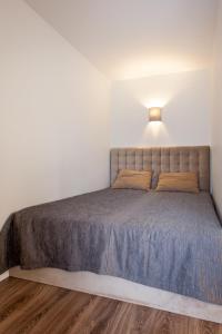 ein Schlafzimmer mit einem großen Bett mit einer Lampe darüber in der Unterkunft Dubingių apartamentai Nr. 2 in Vilnius