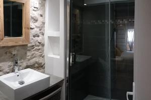 een badkamer met een wastafel en een glazen douche bij la feda gîte Pyrénées Ariégeoises in Auzat