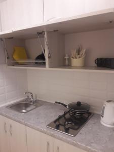 a kitchen counter with a stove and a sink at Апартаменты Оболонь in Kyiv +6 photos