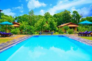 a swimming pool with chairs and umbrellas at Shangri-Lanka Village in Tissamaharama