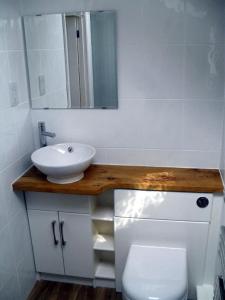 ein Badezimmer mit Waschbecken, Toilette und Spiegel in der Unterkunft Toad Hall at Tove Valley Cottages in Towcester