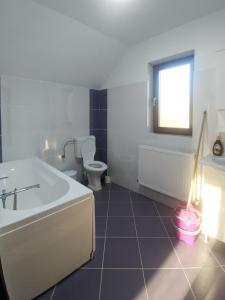 a bathroom with a tub and a toilet and a sink at Cazare Antonia in Curtea de Argeş
