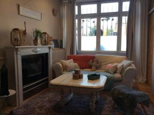 Kosy Suite في Saint-Aubin-du-Cormier: غرفة معيشة مع أريكة ومدفأة