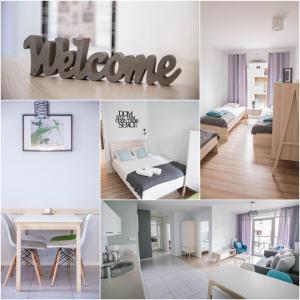a collage of photos of a bedroom and a living room at MSapartamenty Centrum in Poznań