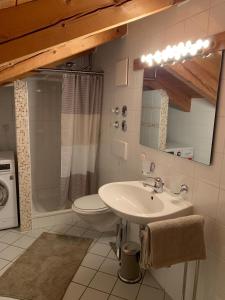 a bathroom with a sink and a toilet and a mirror at Entspannen mit Bergpanorama in Siegsdorf