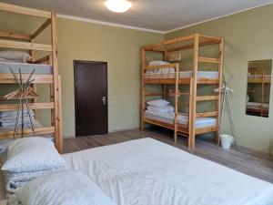 um quarto com uma cama e beliches em V Ugliche em Uglich
