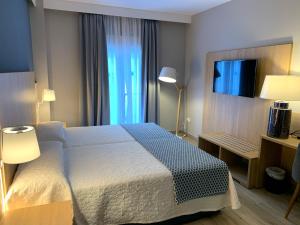 a hotel room with a bed and a television at Hotel Puerta del Mar - Adults Recommended in Nerja