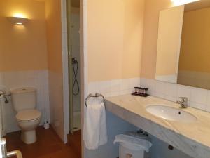 a bathroom with a sink and a toilet and a mirror at Santuari Mare de Déu Del Mont Restaurant-Hostatgería in Beuda