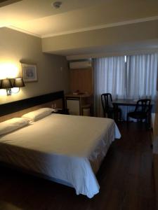 um quarto de hotel com uma cama e uma mesa com cadeiras em Premium Vila Velha Hotel em Ponta Grossa